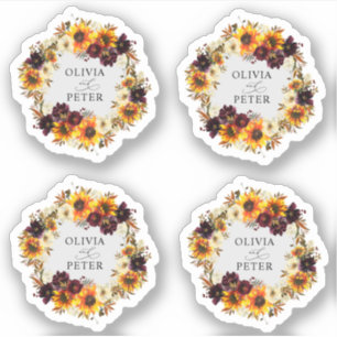 Rustic Boho Sunflower Burgundy Floral Fall Wedding Sticker