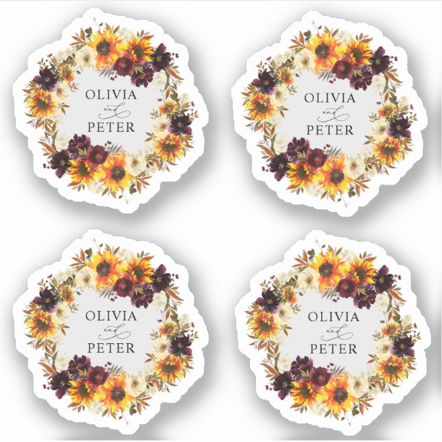 Rustic Boho Sunflower Burgundy Floral Fall Wedding Sticker (Front)