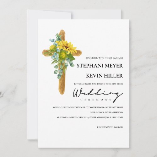 Rustic Boho Sunflower Christian Cross Wedding Invitation