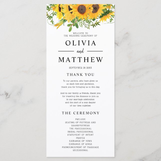 Rustic Boho Sunflower Floral Bouquet Wedding Program (Front)