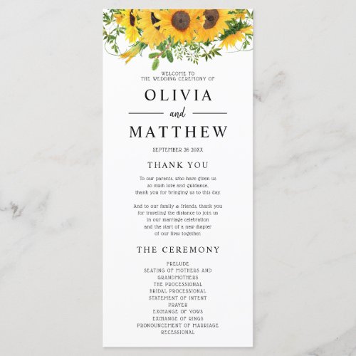 Rustic Boho Sunflower Floral Bouquet Wedding Program