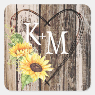 Rustic Boho Sunflower Heart Monogram Wedding Square Sticker