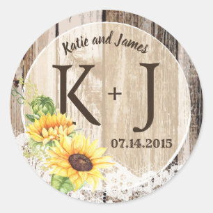 Rustic Boho Sunflower Lace Monogram Wedding Classic Round Sticker