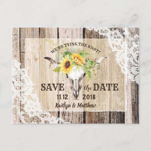 Rustic Boho Sunflower Longhorn Lace Save the Date Announcement Postcard