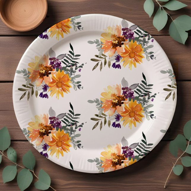 Rustic Boho Sunflower & Wildflower Watercolor Paper Plates (Creator Uploaded)