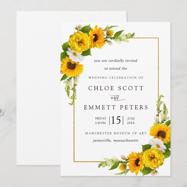 Rustic Boho Sunflower Yellow Summer Floral Wedding Invitation (Front/Back)