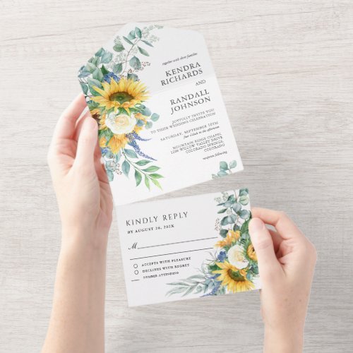 Rustic Boho Sunflowers and Roses Wedding All In One Invitation