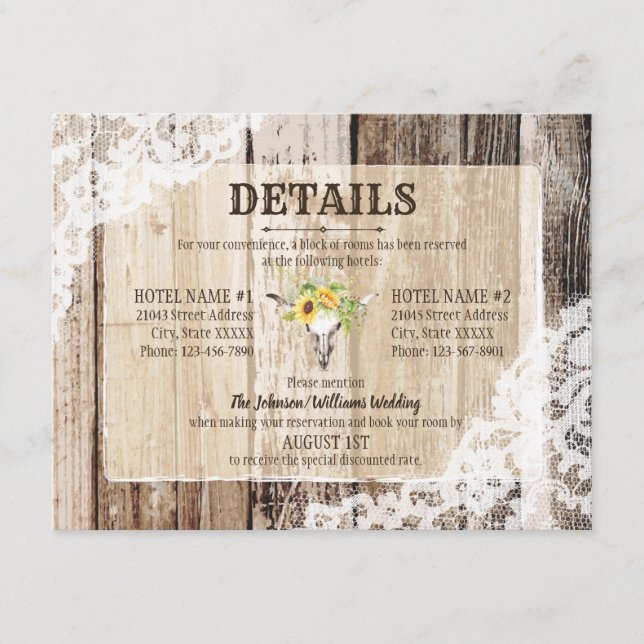 Rustic Boho Sunflowers Longhorn Details Card (Front)