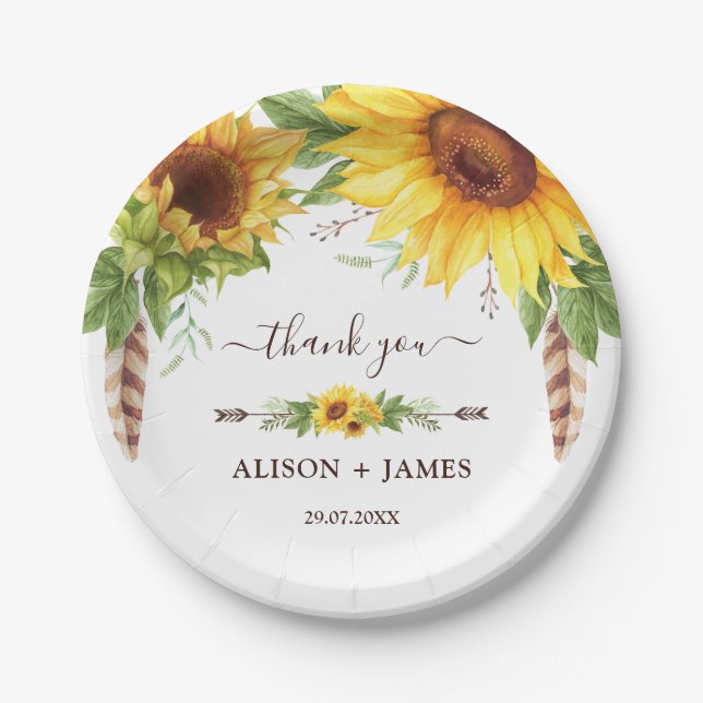 Rustic Boho Sunflowers Wedding Party Favors Paper Plates (Front)