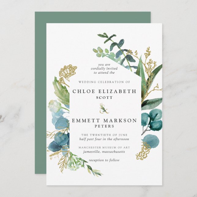 Rustic Boho Teal Blue Botanical Gold Wedding Invitation (Front/Back)