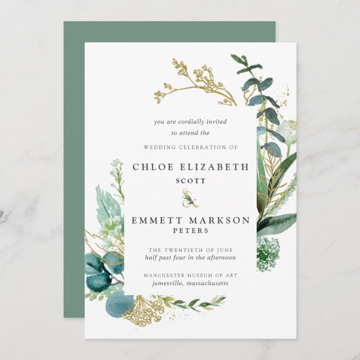 Rustic Boho Teal Blue Botanical Gold Wedding Invitation | Zazzle