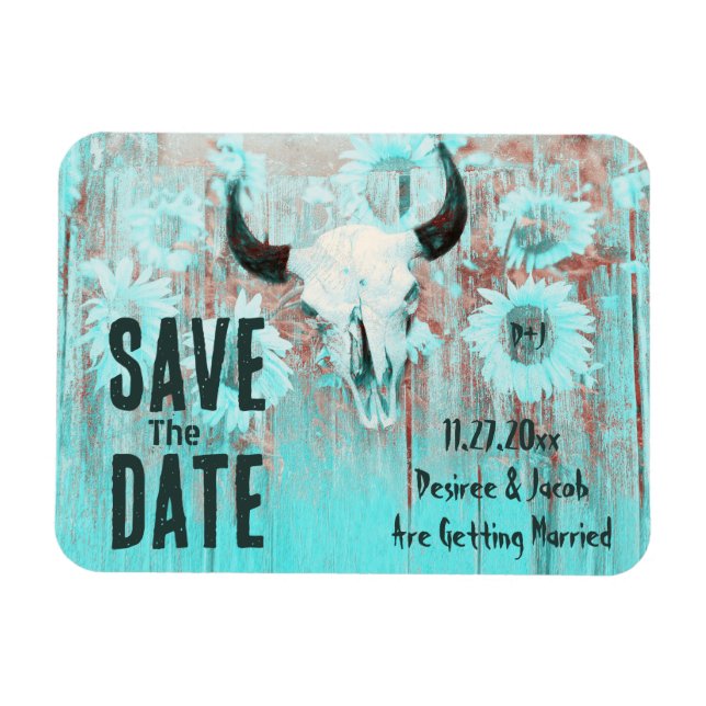 Rustic Boho Teal Sunflowers Western Cow Skull Magnet (Horizontal)