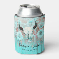 Rustic Boho Teal Western Sunflowers Bull Skull