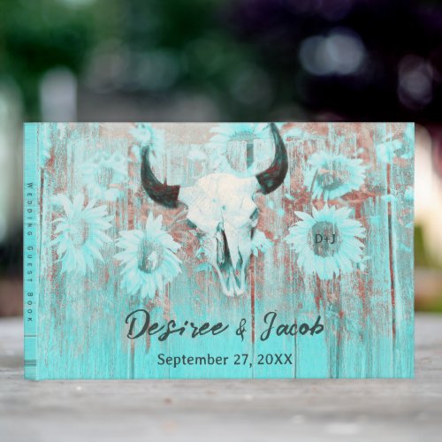 Rustic Boho Teal Western Sunflowers Bull Skull Guest Book