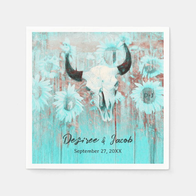 Rustic Boho Teal Western Sunflowers Bull Skull Napkins (Front)