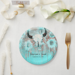 Rustic Boho Teal Western Sunflowers Bull Skull Paper Plates