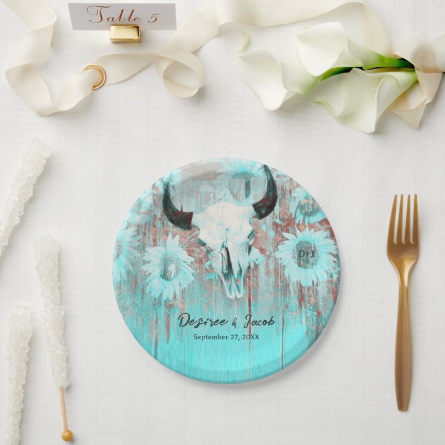 Rustic Boho Teal Western Sunflowers Bull Skull Paper Plates (Wedding)