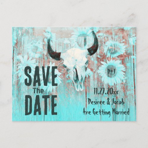 Rustic Boho Teal Western Sunflowers Cow Skull Announcement Postcard