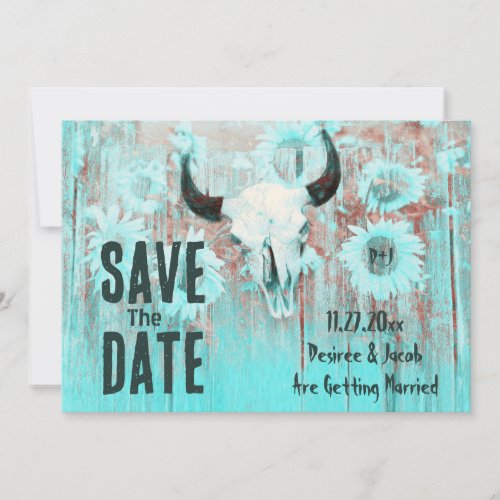 Rustic Boho Teal Western Sunflowers Cow Skull Save The Date