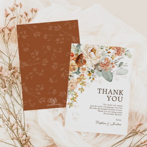 Rustic Boho Terracotta Floral Neutral Baby Shower Thank You Card