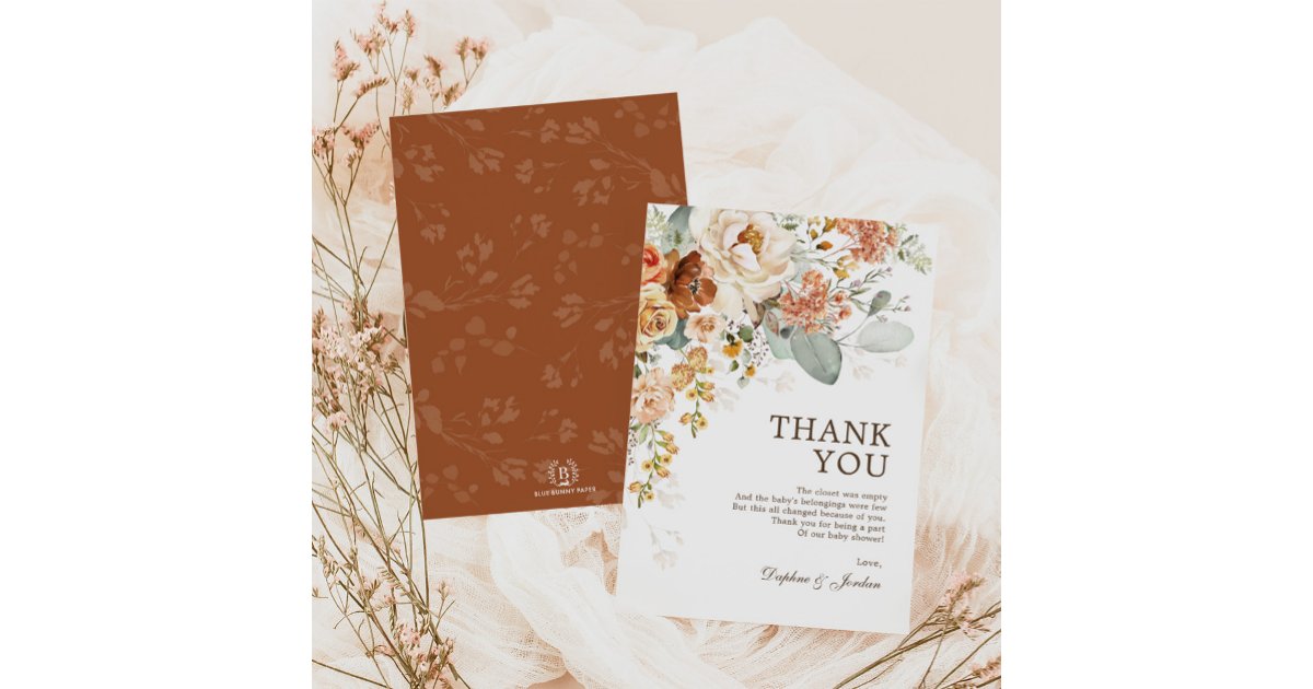 Rustic Boho Terracotta Floral Neutral Baby Shower Thank You Card | Zazzle