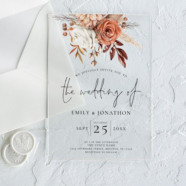 Rustic Boho Terracotta Florals Wedding Acrylic Invitations (Creator Uploaded)