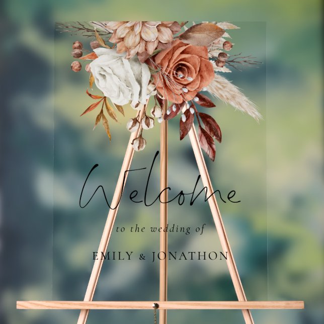 Rustic Boho Terracotta Florals Welcome To Wedding Acrylic Sign (Neutral)