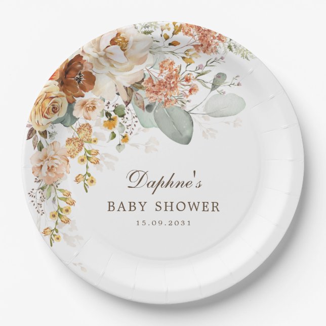 Rustic Boho Terracotta Flower Baby Shower Paper Plates (Front)