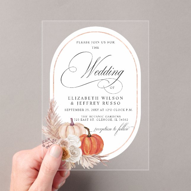 Rustic Boho Terracotta Pampas Pumpkin Fall Wedding Acrylic Invitations (Insitu (Handheld))