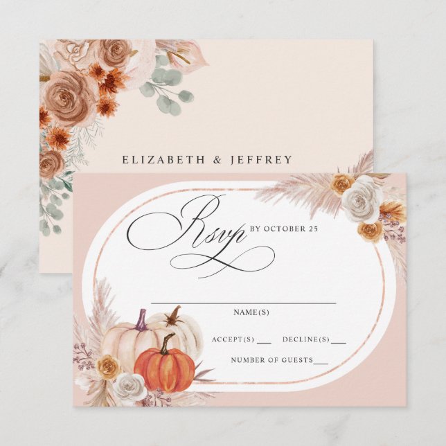 Rustic Boho Terracotta Pampas Pumpkin Fall Wedding RSVP Card (Front/Back)