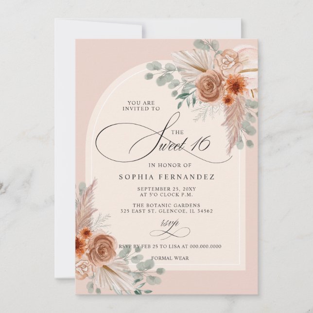 Rustic Boho Terracotta Pampas Sweet 16 Invitation (Front)