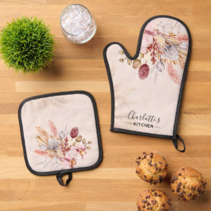 Rustic Boho Terracotta Script Personalized Oven Mitt & Pot Holder Set