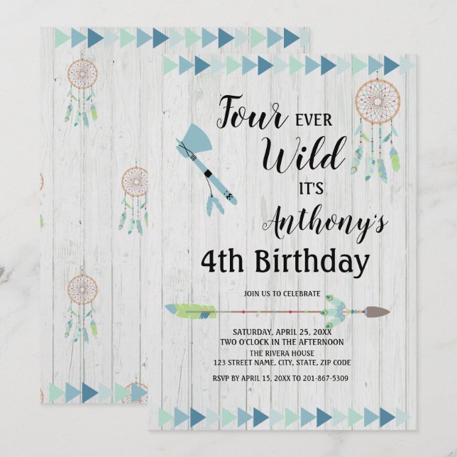 Rustic Boho Tribal Four Ever Wild  4th Birthday Invitation (Front/Back)