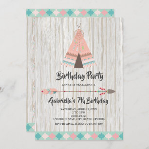 Rustic Boho Tribal Pink Teepee Birthday Party Invitation