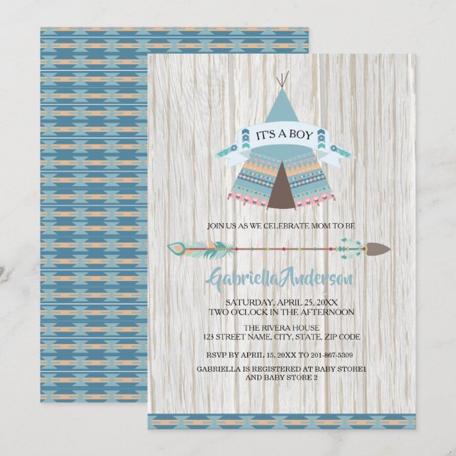 Rustic Boho Tribal  Teepee Baby Boy Baby Shower Invitation (Front/Back)