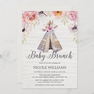Rustic Boho Tribal Teepee Girl Baby Brunch Shower Invitation