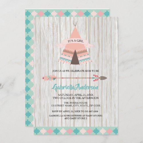 Rustic Boho Tribal Teepee Girl Baby Shower Invitation