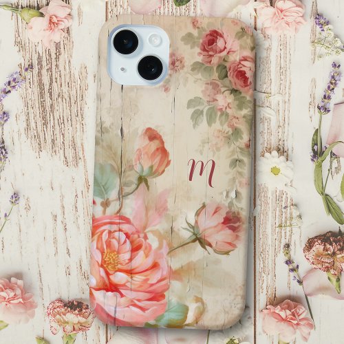 Rustic Boho Watercolor Antique Roses wMonogram iPhone 15 Plus Case