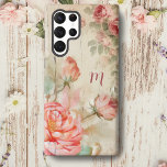 Rustic Boho Watercolor Antique Roses w/Monogram Samsung Galaxy S22 Ultra Case<br><div class="desc">Gorgeous sprays of pink rose blooms and buds and delicate green foliage on a distressed rustic weathered wood background with text field for your name or monogram.</div>
