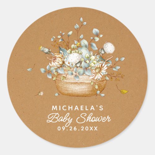 Rustic Boho Watercolor Botanical Baby Shower Classic Round Sticker