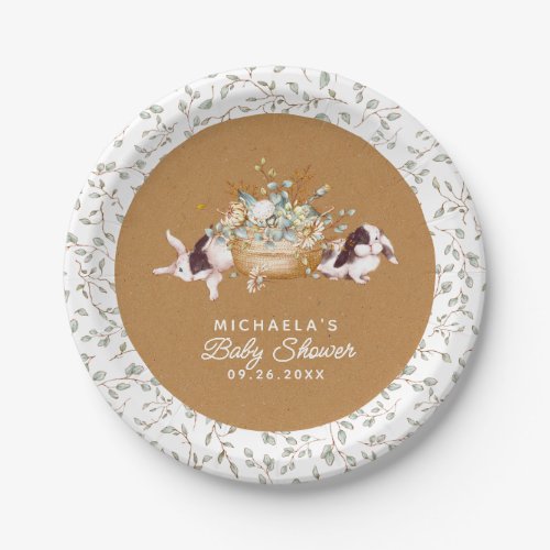 Rustic Boho Watercolor Bunnies Baby Shower Paper Plates