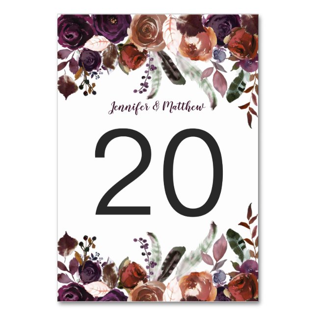 Rustic Boho Watercolor Eggplant Floral Table Number (Front)