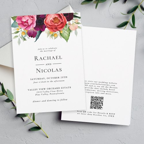 Rustic Boho Watercolor Floral All In One Wedding Invitation