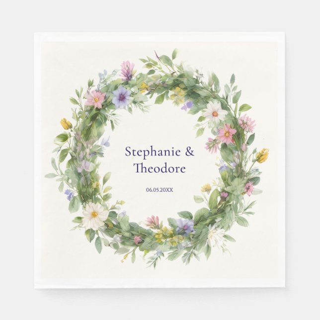 Rustic Boho Watercolor Floral Personalized Wedding Napkins (Front)