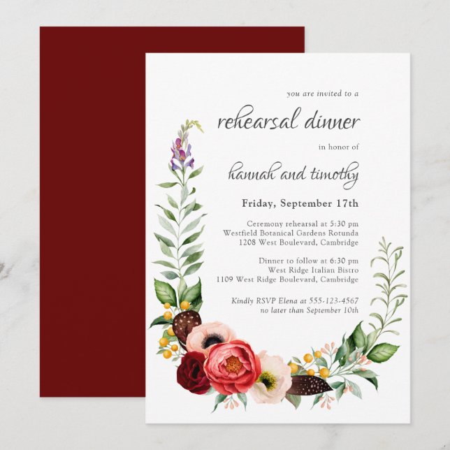Rustic Boho Watercolor Floral Rehearsal Dinner Invitation (Front/Back)