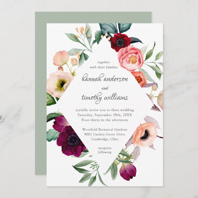 Rustic Boho Watercolor Floral Wedding Invitation (Front/Back)