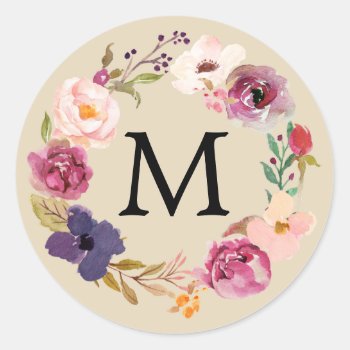 Rustic Boho Watercolor Floral Wreath Monogram Classic Round Sticker by kittypieprints at Zazzle