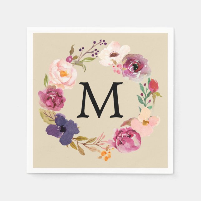 Rustic Boho Watercolor Floral Wreath Monogram Napkins (Front)