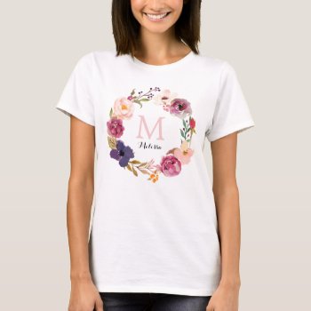 Rustic Boho Watercolor Floral Wreath Monogram T-shirt by kittypieprints at Zazzle