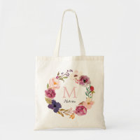 Rustic Boho Watercolor Floral Wreath Monogram Tote Bag